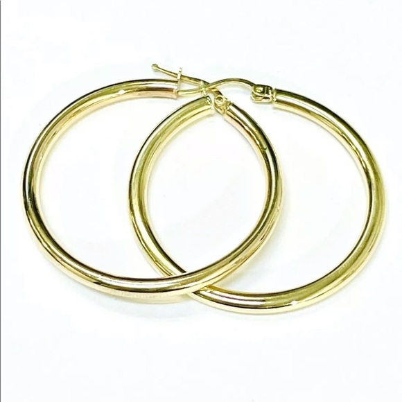 Shiny! Solid 10k Yellow Gold 1.6” 3mm Thick Tube Hoop Earrings - Picture 4 of 4